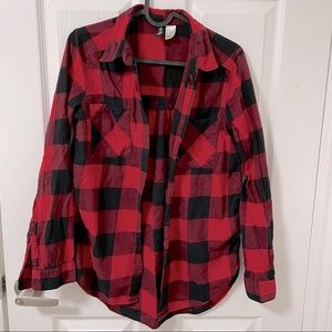 100% Cotton Classic Vintage Black Red Flannel Check Poplin Plaid Shirt | Size S